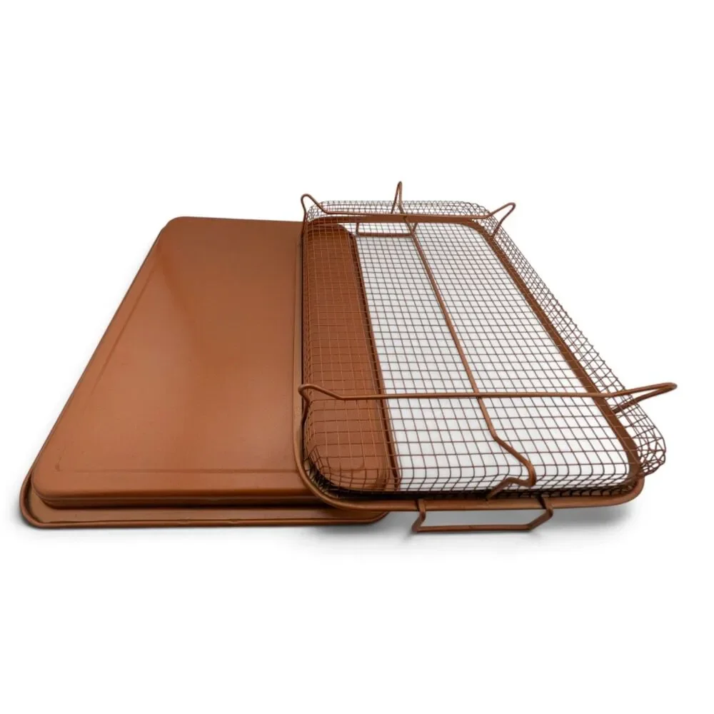 Copper Nonstick Baking Tray Roasting Pan w Mesh Basket Rack 2 Pc Set 12.75